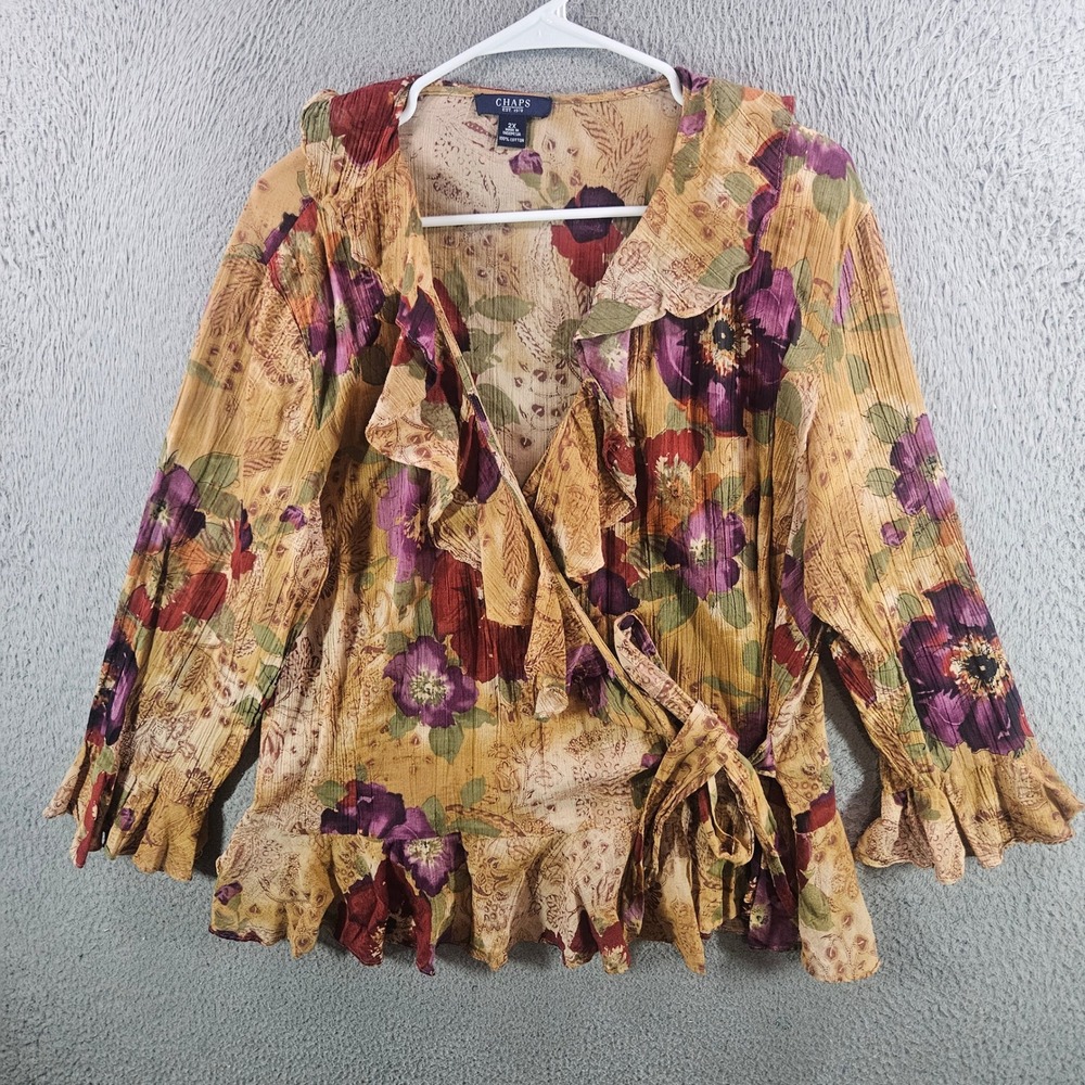 Chaps Womens 2X Floral Paisley Wrap Top Ruffle V-Neck Cotton Blouse Mustard